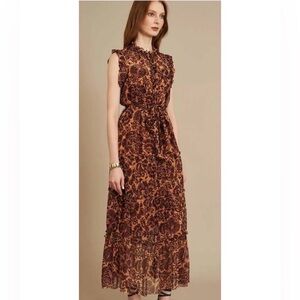 $495 Christy Lynn Elegant Silk Brown Floral Maxi Dress M